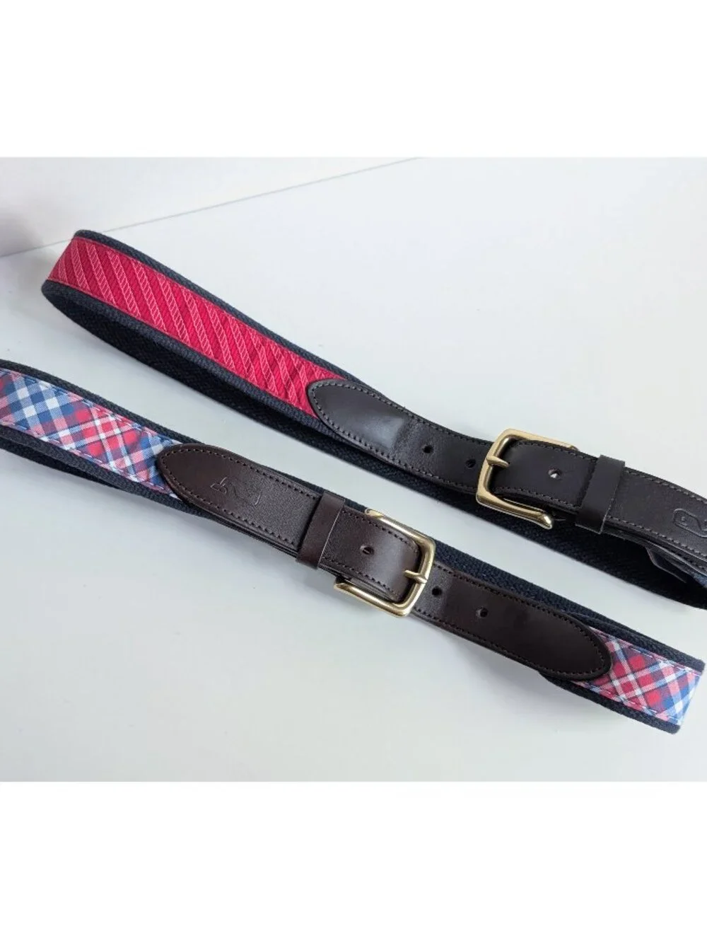 One* Vineyard Vines Multi Color Belt with Brown Leather Trim Size:32 NWOT
